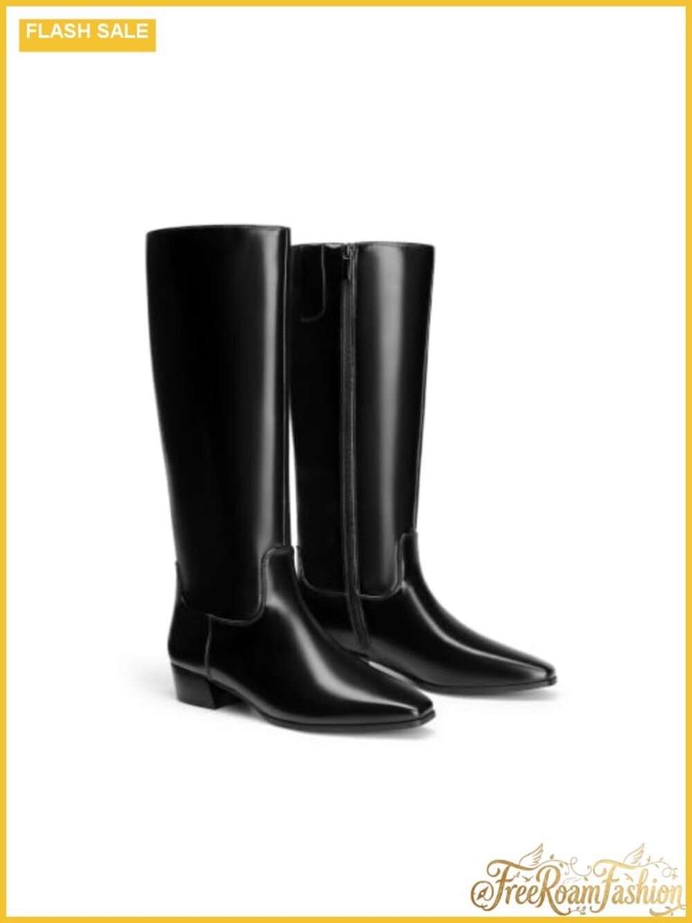 Women's Snipped Toe Knee-High Fall Boots Faux Leather Low Block Heel Zip - Picture 4 of 6